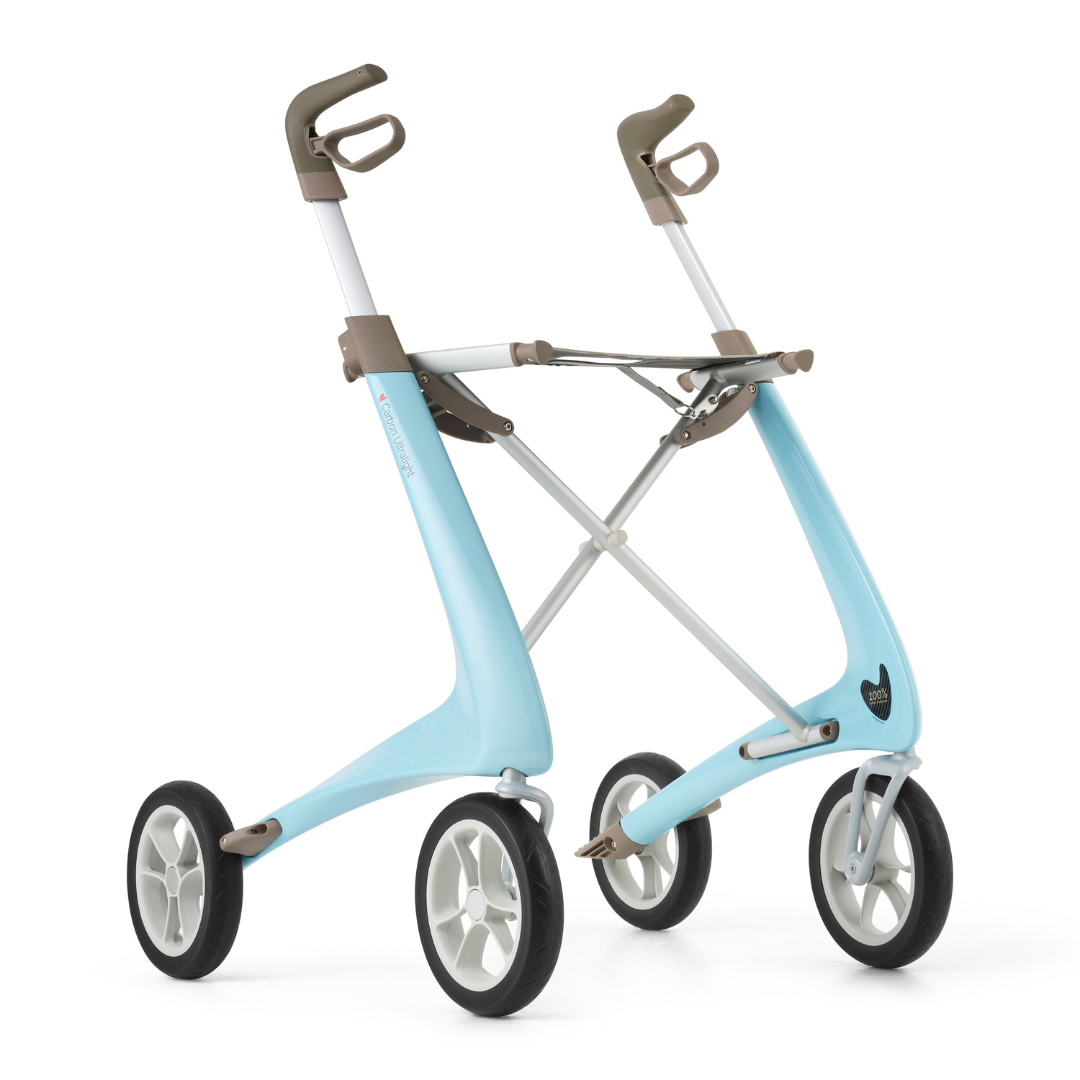 The ByACRE Ultralight Carbon Fiber Rollator (10.6 lbs) features a modern blue frame, white and gray wheels, ergonomic brown handles, and a minimalist four-wheel design with no visible seat or basket.